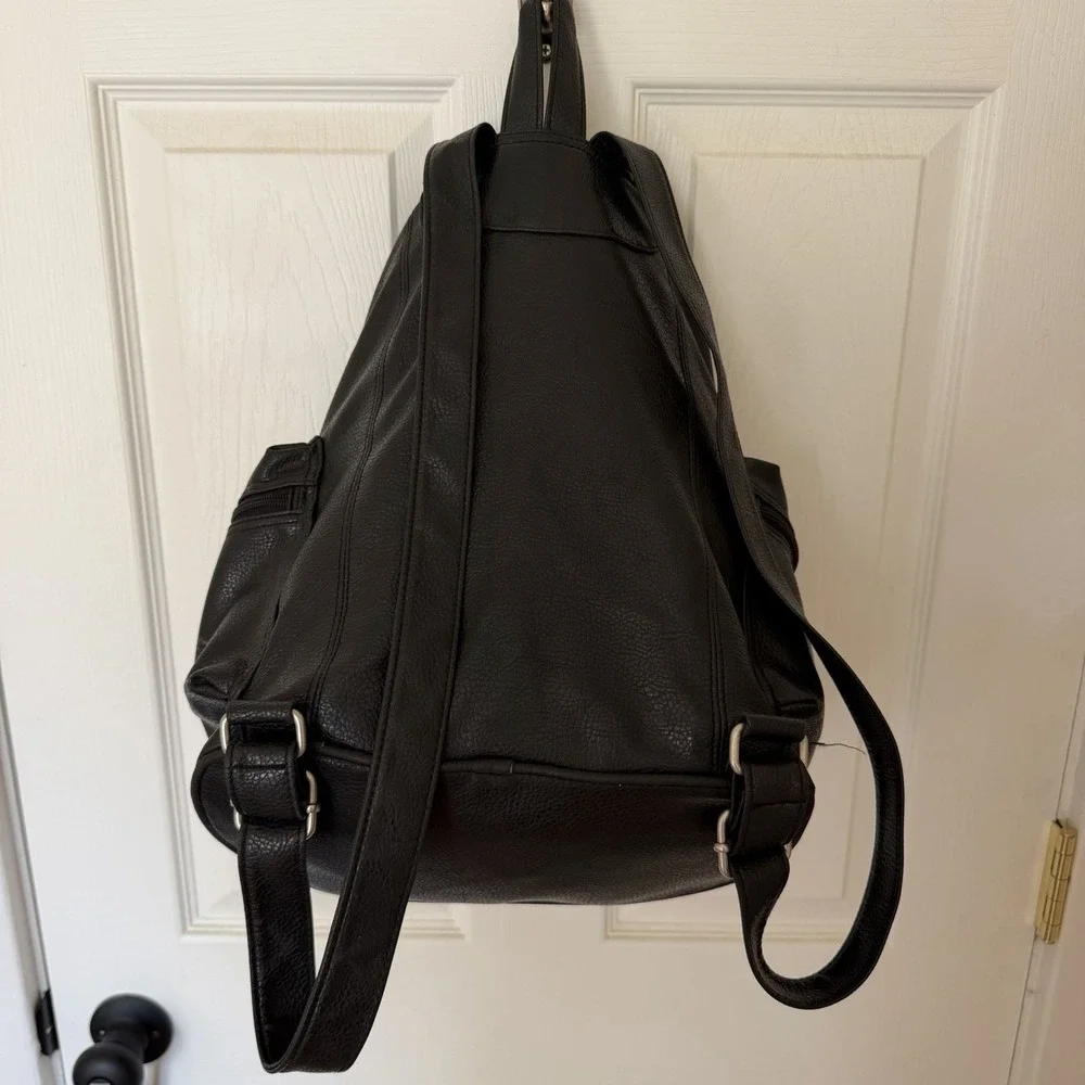Guess 90s Drawstring Backpack Black Leather Bag Silver Buckle Grunge Retro VTG